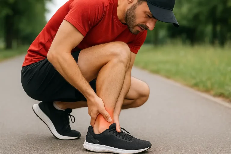 Runner holding their ankle beside a path